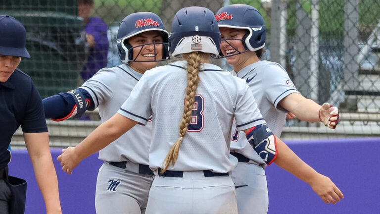 Ole Miss players celebrate a run scored during Tuesday's comeback win against North Alabama 4-2. | Ole Miss Athletics