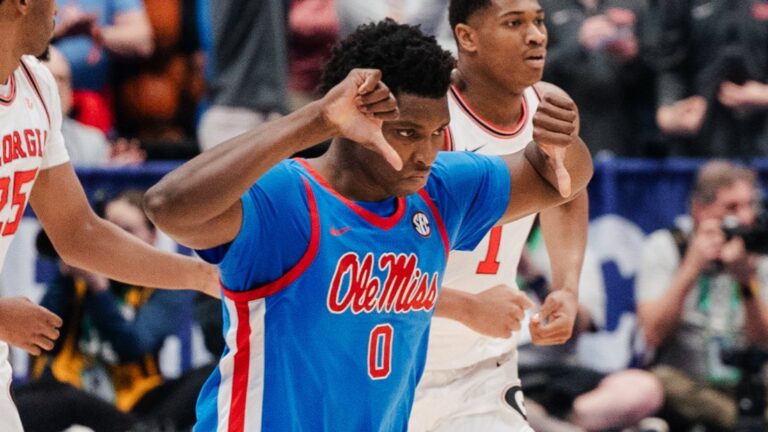 Ole Miss senior Malik Dia celebrates after a play during a SEC Tournament game against Georgia. | Ole Miss Athletics