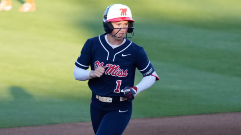 Ole Miss' Mackenzie Pickens rounds the bases after her solo home run against No. 2 Texas on Friday. | Ole Miss Athletics