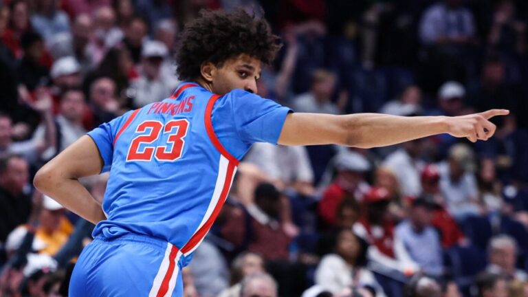 Ole Miss guard Patton Pinkins reacts to a play during Friday's 80-79 win against Alabama. | Ole Miss Athletics