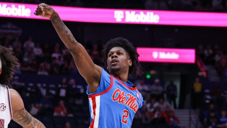 Ole Miss guard AJ Storr watches a shot fall against Alabama in a SEC Tournament quarterfinal game in Nashville. | Ole Miss Athletics
