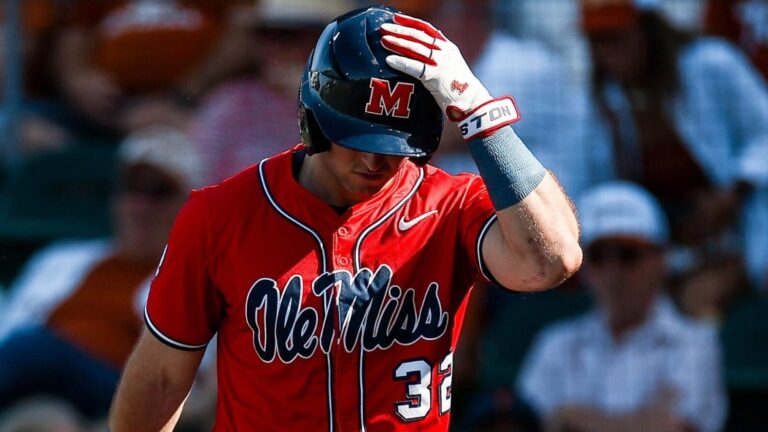 Ole Miss outfielder Tristan Bissetta walks off the field after a strikeout against No. 2 Texas in Austin. | Ole Miss Athletics