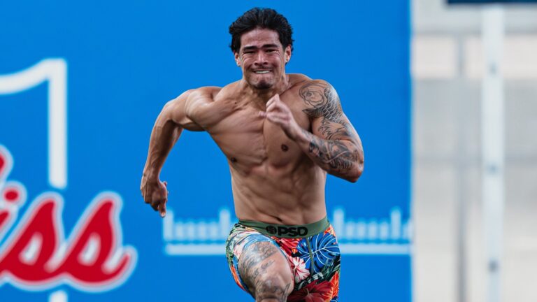 Ole Miss safety Kapena Gushiken runs the 40-yard dash during Wednesday's Pro Day at Ole Miss. | Ole Miss Athletics