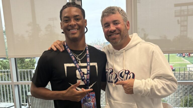 Ole Miss coach Pete Golding with 2027 cornerback Stanley Peters. | Stanley Peters/X