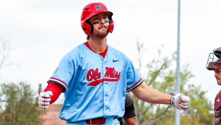 Ole Miss third baseman Judd Utermark crosses home plate after hitting a home run against Little Rock. | Ole Miss Athletics