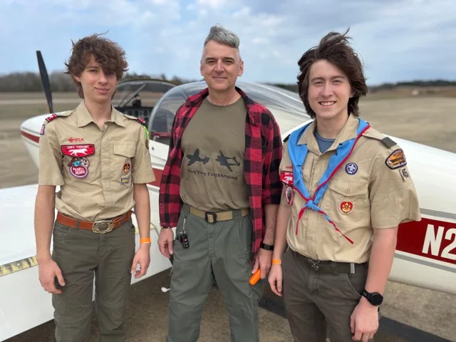 Local pilot Dr. Will Dabbs is ready to take Scouts Andrew Colby and Dylan Carlisle for an areal view of Oxford for the Aviation merit badge.