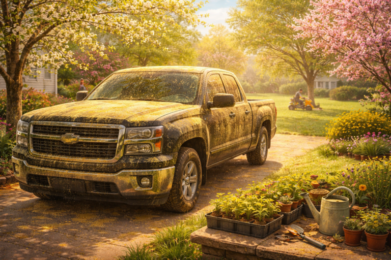 A suburban Southern scene shows a dark truck coated in a thick layer of yellow pollen parked in a driveway. Around it, trees are in full bloom, grass is beginning to grow, and sunlight gives the scene a warm, early spring feel. In the background, a neighbor mows the lawn, and small plants sit in containers, ready to grow, capturing the unmistakable arrival of spring.