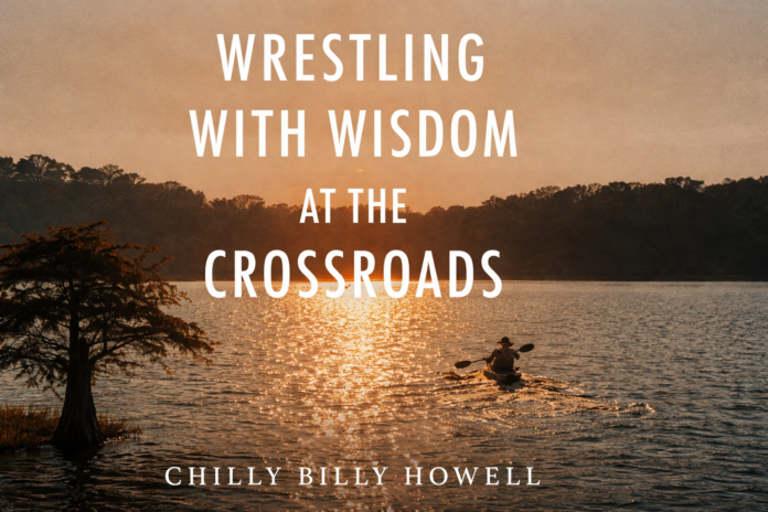Kayaker paddles across a sunlit lake at sunset with golden reflections, tree on left, and book title text centered over the scene.