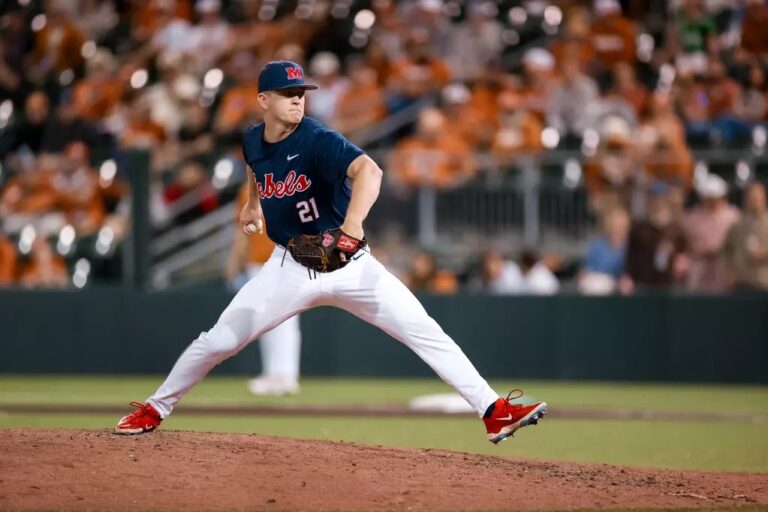Ole Miss junior pitcher Owen Kelly winds up for a pitch against No. 2 Texas in Austin. | Ole Miss Athletics