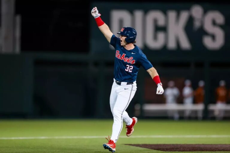 Ole Miss' Tristan Bissetta celebrates his grand slam home run Friday night against No. 2 Texas. | Ole Miss Athletics