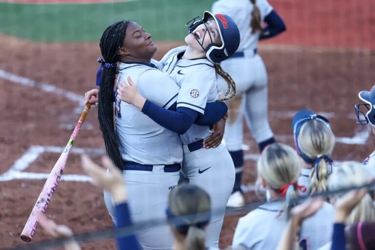 Ole Miss softball players celebrate during Wednesday's 5-1 win against Louisiana Tech. | Ole Miss Athletics