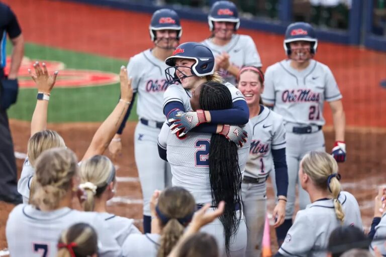 Ole Miss' Taylor Roman celebrates with Rachel Connors after Connors hit her first collegiate home run against UAB. | Ole Miss Athletics