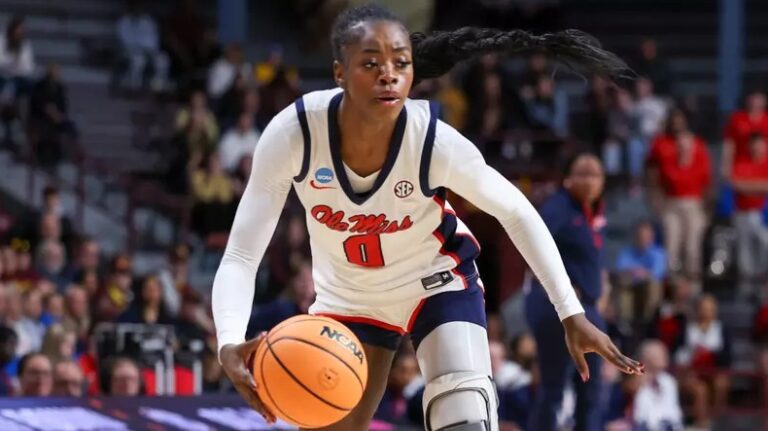 Ole Miss' Sira Thiennou dribbles the ball in a first round NCAA tournament game against Gonzaga. | Ole Miss Athletics