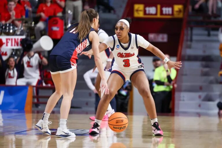 Ole Miss senior Kaitlin Peterson guards a Gonzaga player in a NCAA Tournament first-round game. | Ole Miss Athletics