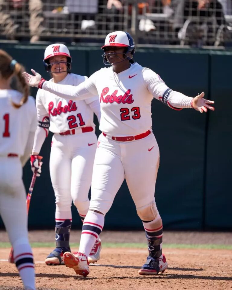 Ole Miss senior Taylor Roman celebrates a home run against No. 2 Texas. | Ole Miss Athletics