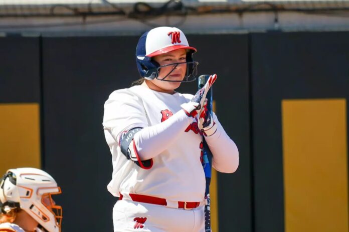 Ole Miss freshman Madi George prepares for her at-bat during Saturday's game against No. 4 Tennessee. | Ole Miss Athletics