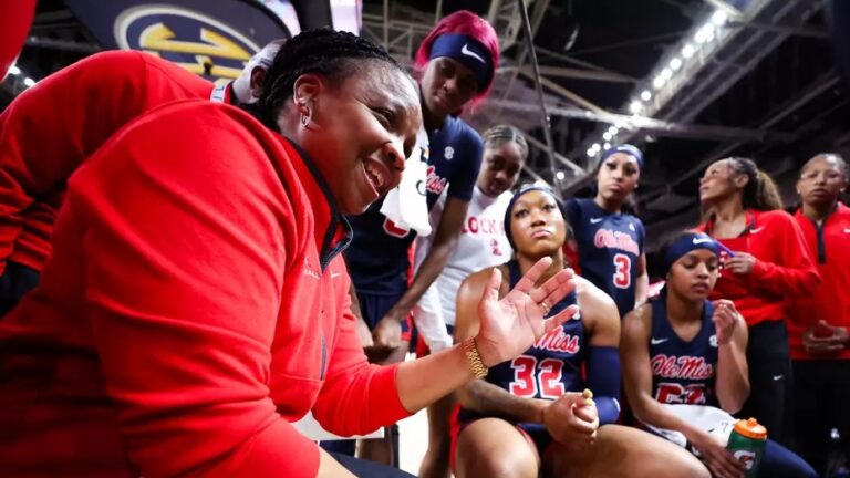 Ole Miss women's basketball coach Yolett McPhee-McCuin talks to her players during a SEC Tournament semifinal game against Texas. | Ole Miss Athletics