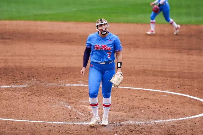 Ole Miss pitcher Emilee Boyer reacts after a strikeout Sunday against No. 4 Alabama. | Ole Miss Athletics