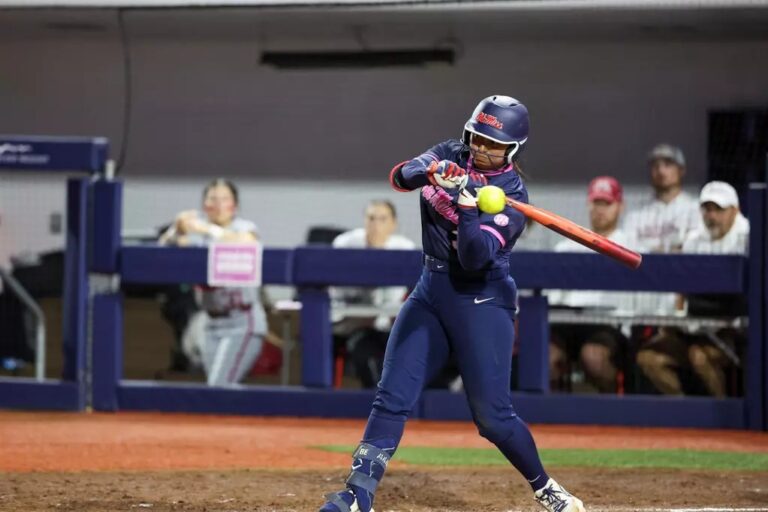 Ole Miss sophomore Persy Llamas swings at a pitch during game two Friday against Alabama. | Ole Miss Athletics
