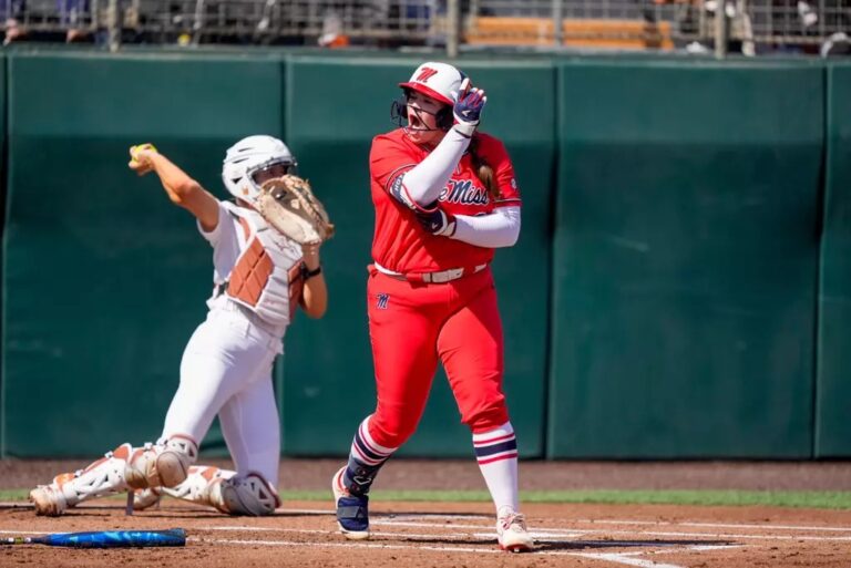 Ole Miss' Madi George reacts after a pitch against No. 2 Texas on Sunday. | Ole Miss Athletics