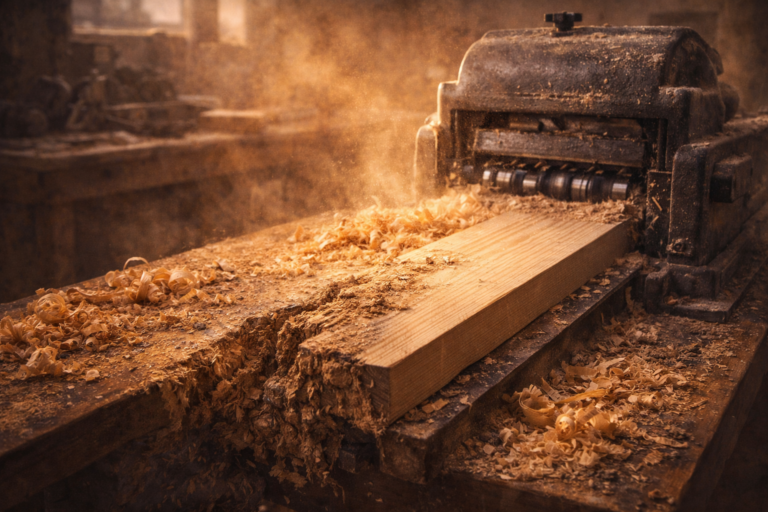 A wood planer smooths a rough board in a workshop, sending curls of wood shavings across a dusty workbench.