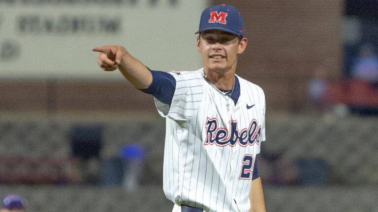 Ole Miss pitcher Owen Kelly reacts to a play during an 11-1 win against Alcorn State at Swayze Field. | Dylan Cohron, HottyToddy.com Images
