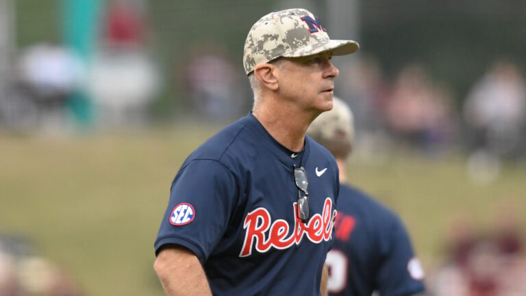 Ole Miss coach Mike Bianco walks off the field at Trustmark Park during the 2026 Governor's Cup in Pearl, Miss. | Andy Hodges, HottyToddy.com Images