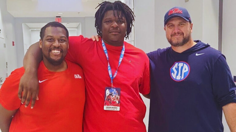 Brookhaven (Miss.) offensive lineman Coderro McDaniel with Ole Miss offensive line coach John Garrison. | Coderro McDaniel/X
