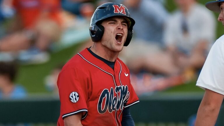 Ole Miss outfielder Cannon Goldin reacts after a base hit in a SEC baseball game against No. 21 Florida. | Ole Miss Athletics/X