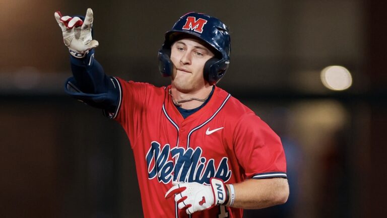 Ole Miss shortstop Brayden Randle rounds the bases after his two-run home run against No. 21 Florida. | Ole Miss Athletics