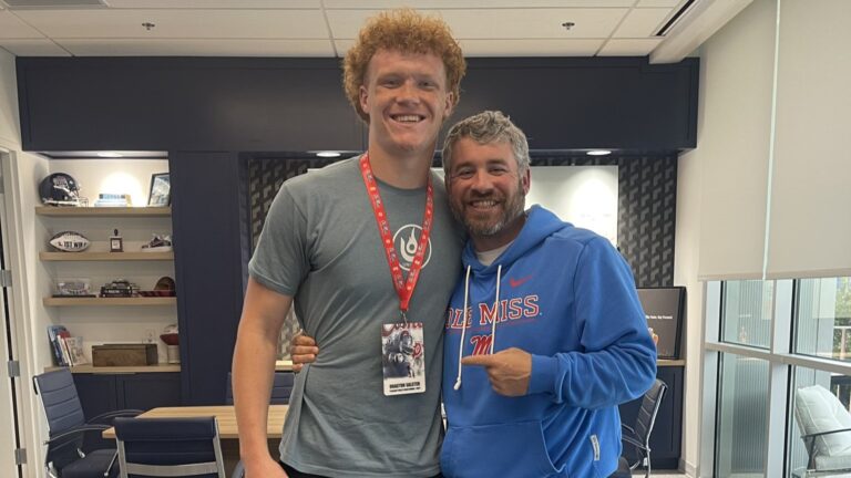 Jacksonville (Ala.) Pleasant Valley athlete Braxton Salster with Ole Miss head coach Pete Golding. | Braxton Salster/X