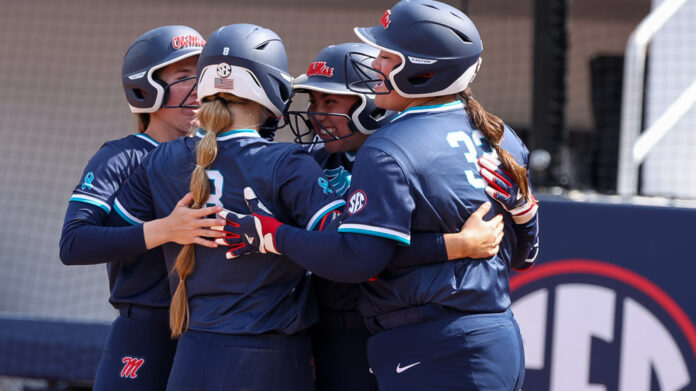 Ole Miss players celebrate Kennedy Bunker's third inning, solo home run against No. 13 Texas A&M. | Ole Miss Athletics