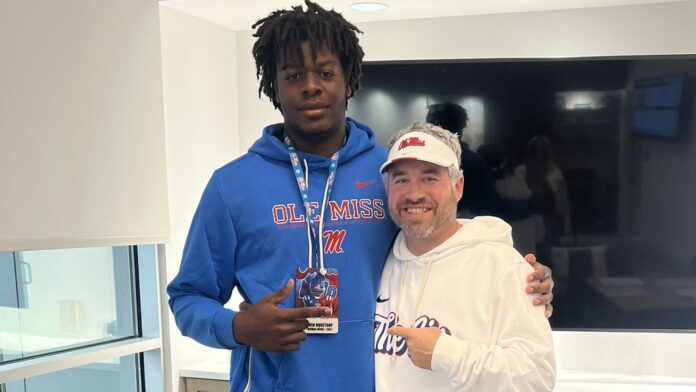 Marvin Nguetsop with Ole Miss coach Pete Golding. | Marvin Nguetsop/X