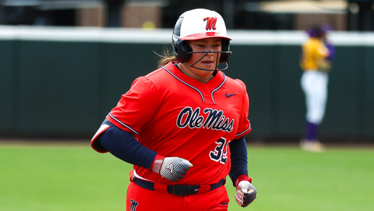 Ole Miss freshman Madi George rounds the bases after hitting her 18th home run of the season. | Ole Miss Athletics