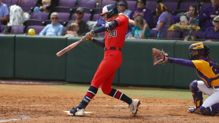 Ole Miss junior Cassie Reasner hits a home run against LSU last weekend in Baton Rouge. | Ole Miss Athletics