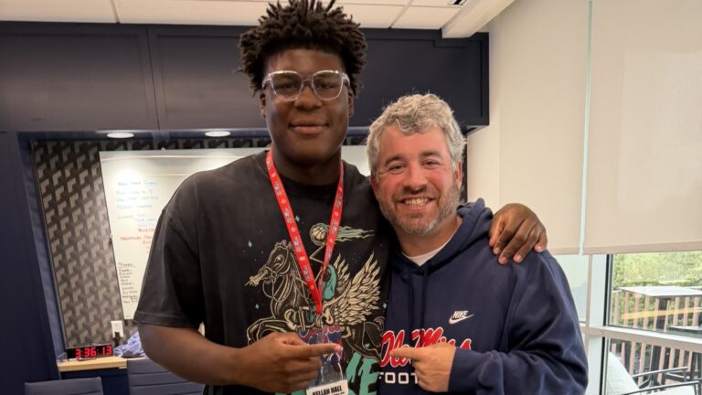 Louisville Christian Academy defensive lineman Kellan Hall with Ole Miss coach Pete Golding. | Kellan Hall/X