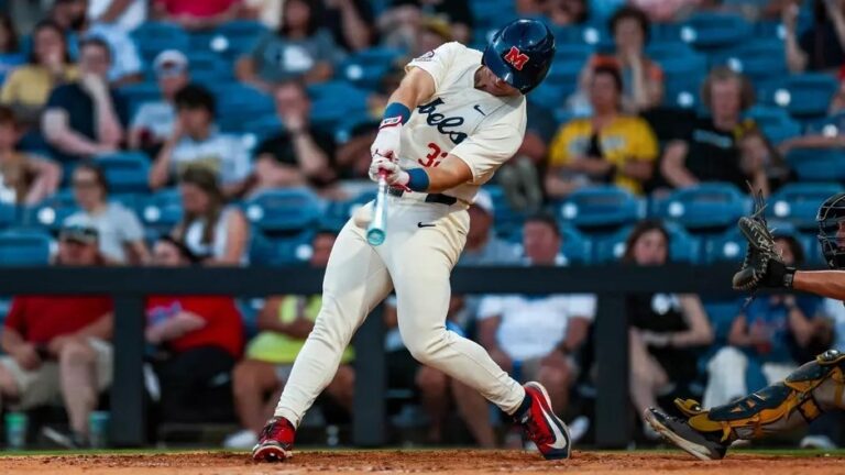Ole Miss outfielder Tristan Bissetta launches a home run in a game against No. 22 Southern Miss at Trustmark Park in Pearl, Miss. | Ole Miss Athletics