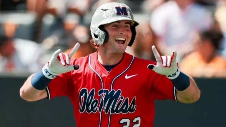 Ole Miss outfielder Tristan Bissetta celebrates a home run in a series finale loss to Tennessee. | Ole Miss Athletics