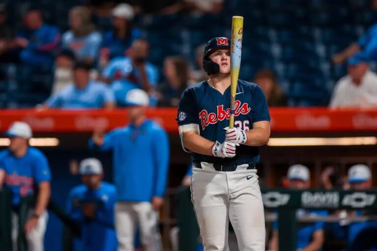 Ole Miss first baseman Will furniss prepares for an at-bat during a SEC game against Florida. | Ole Miss Athletics