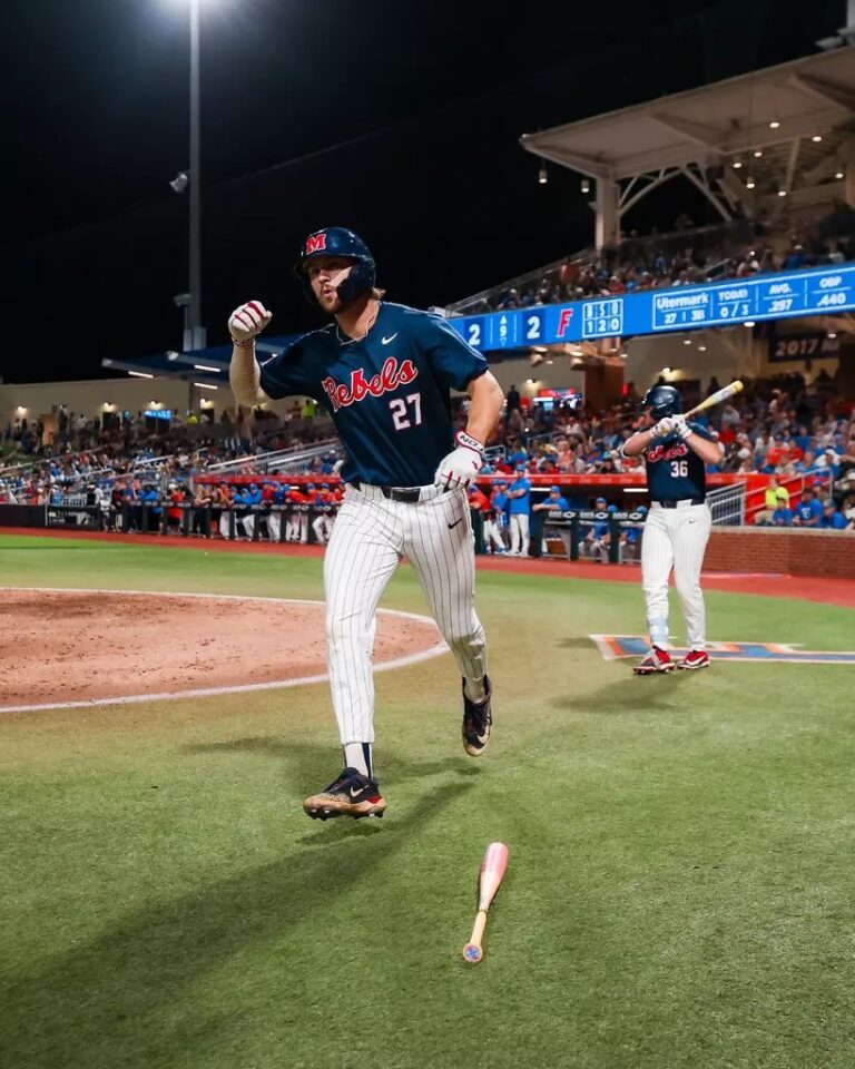 Ole Miss third baseman Judd Utermark heads back to the dugout after a his ninth-inning home run against No. 21 Florida. | Ole Miss Athletics