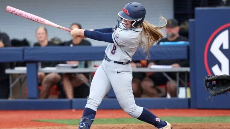 Ole Miss senior Kennedy Bunker swings for a hit against Southern Miss in a midweek game in Oxford. | Ole Miss Athletics