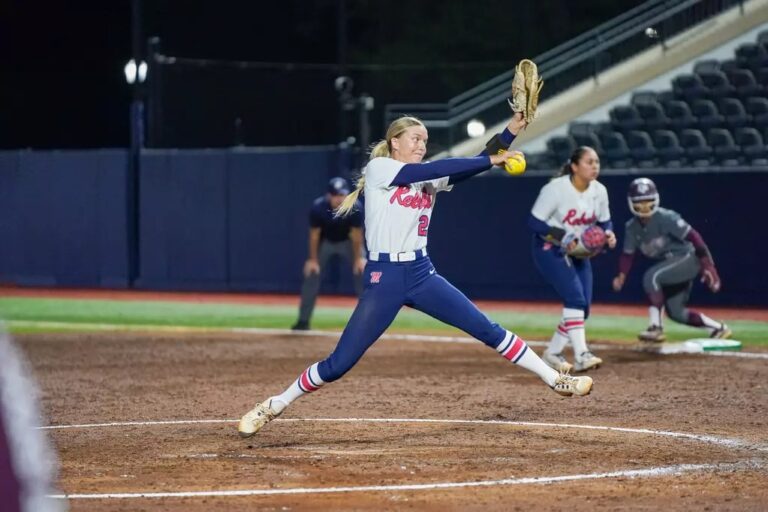 Ole Miss pitcher Lilly Whitten winds up against No. 13 Texas A&M in Oxford. | Ole Miss Athletics