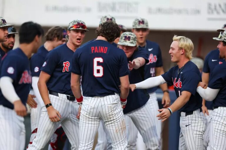 Ole Miss players celebrate Owen Paino's home run in a 6-3 win against LSU at Swayze Field in Oxford. | Ole Miss Athletics