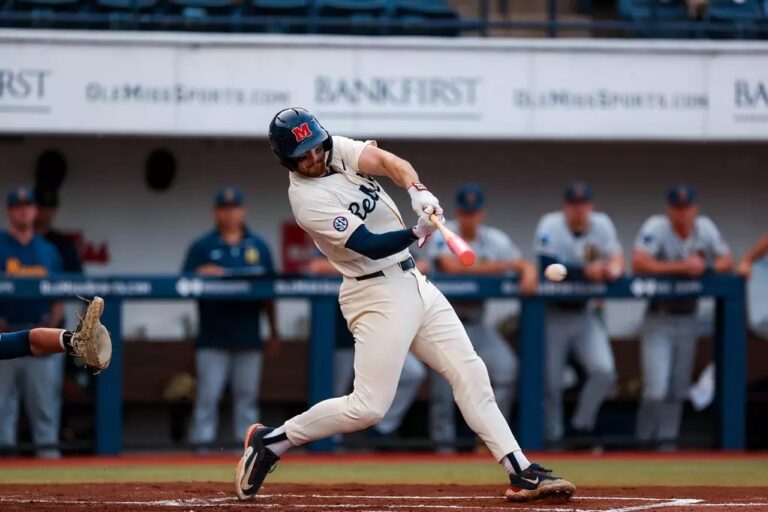 Ole Miss third baseman hits a home run in a midweek game against Murray State at Swayze Field. | Ole Miss Athletics