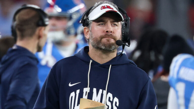 Ole Miss coach Pete Golding on the sideline against the Miami Hurricanes in the College Football Playoff Semifinal at the Vrbo Fiesta Bowl