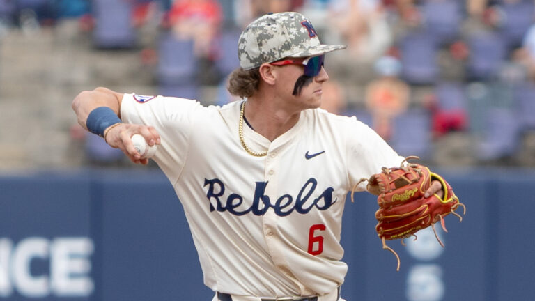 Ole Miss shortstop Owen Paino throws to first during the first half of Sunday's double-header. | Ole Miss Athletics