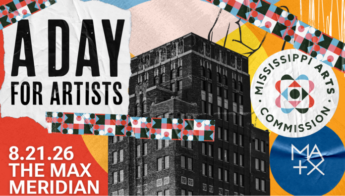 Promotional graphic for A Day for Artists on Aug. 21, 2026, at The MAX in Meridian, hosted by the Mississippi Arts Commission.
