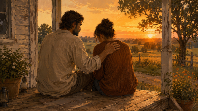 Two people sit together on a porch at sunset as one offers comfort and compassion in a quiet moment of grace.