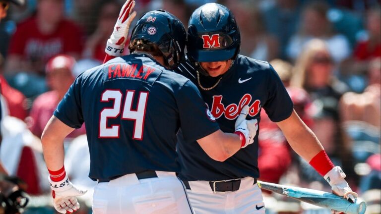 Ole Miss catcher Austin Fawley celebrates a home run against No. 22 Arkansas. | Ole Miss Athletics