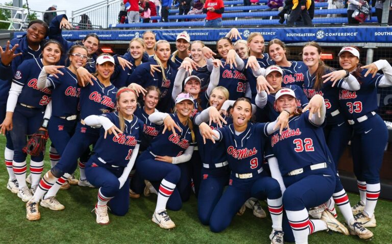 Ole Miss softball players celebrate an upset win against Tennessee in the 2026 SEC Softball Tournament. | Ole Miss Athletics